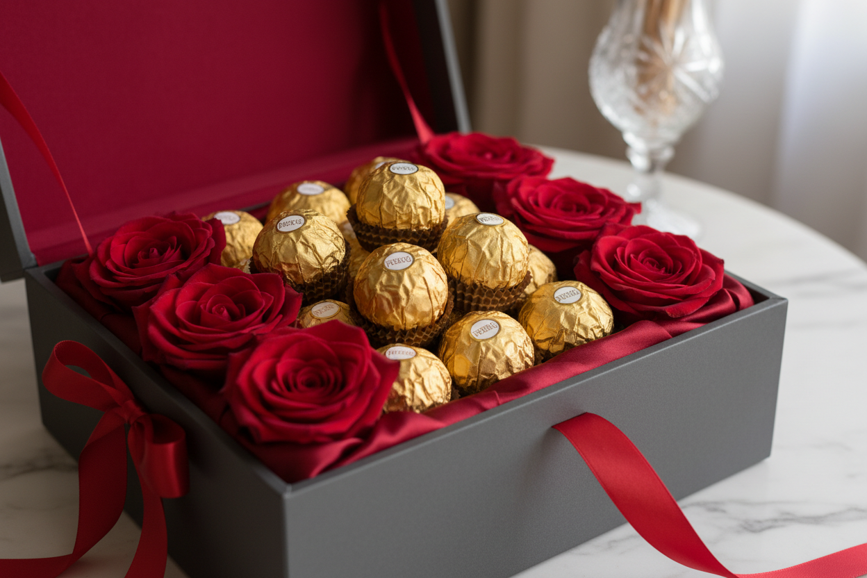 ferrero cholade in luxery box with rose