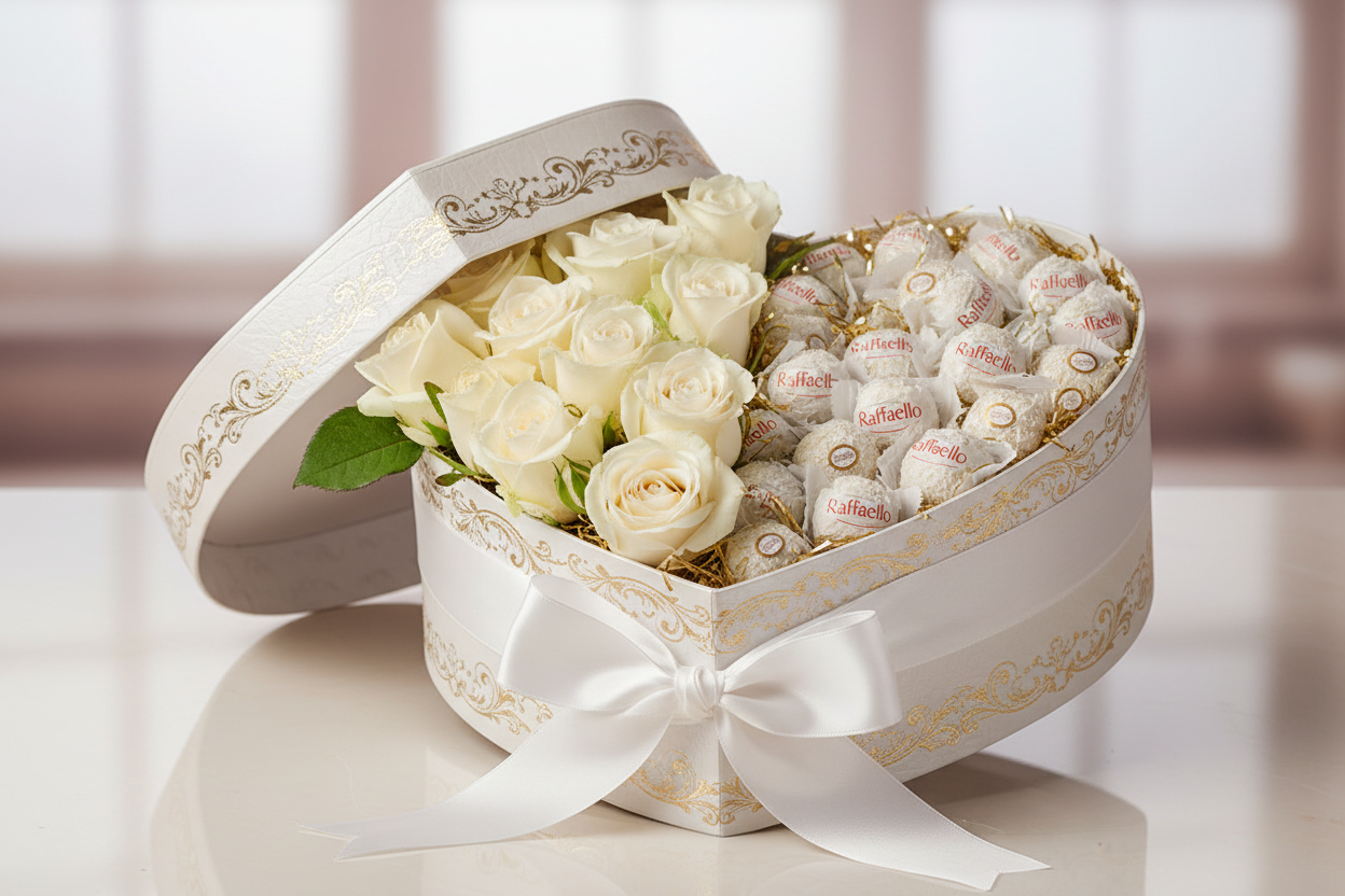 luxery hartbox with raffelo and with white rose